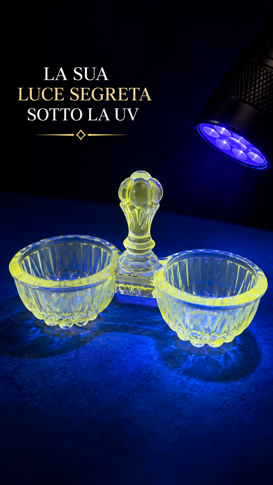 Saliera pepiera antica in vetro stampato al manganese fluorescente