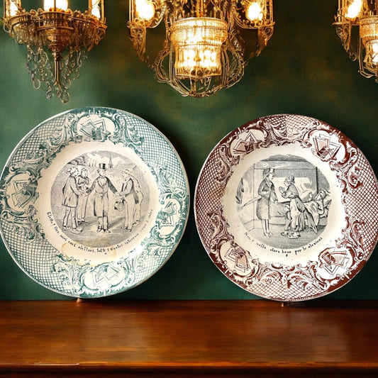 Coppia piatti satirici politica italiana, tardo ‘800, SCI Laveno, rari.