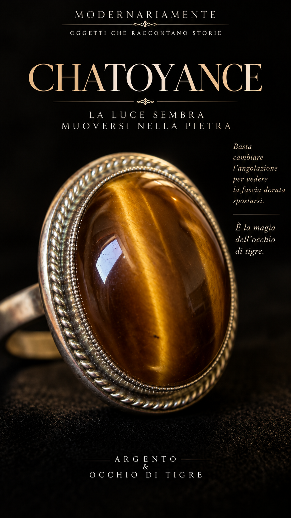 Anello argento con importante cabochon in occhio di tigre 70s e bella chatoyance