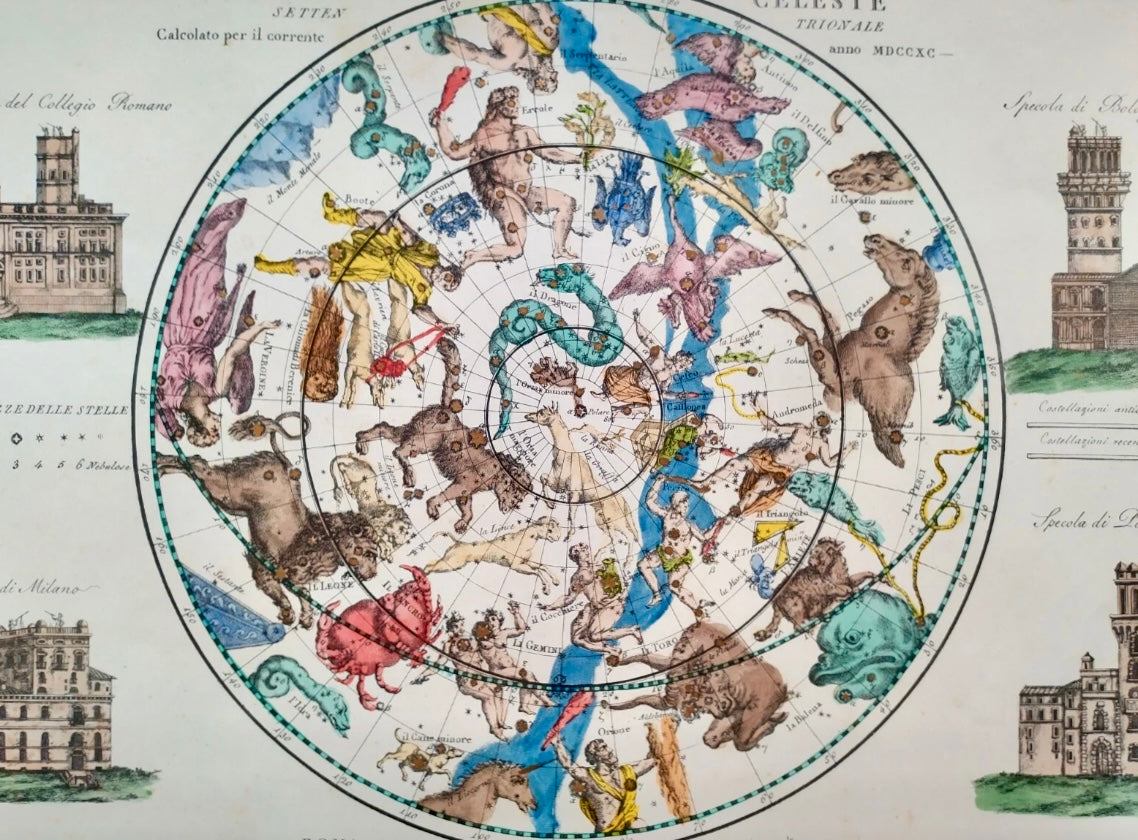 Planisfero celeste Giovanni Maria Cassini, emisfero boreale, tiratura ottocentesca acquerellata a mano