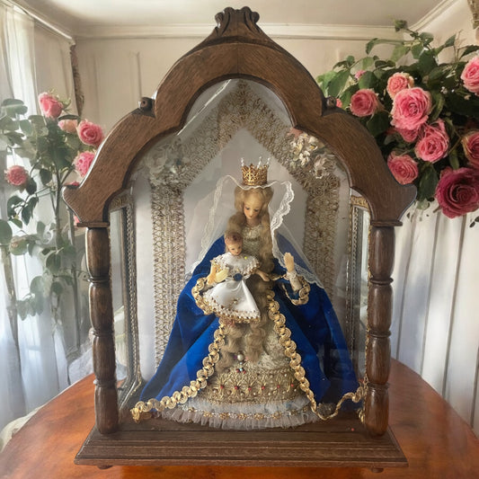 Madonna e bambino in cera in teca lignea, anni ‘50 arte fiamminga