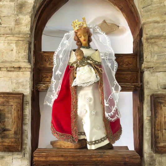 Maria con Bambino in cera, statua sacra 25 cm anni ‘50 fiamminga