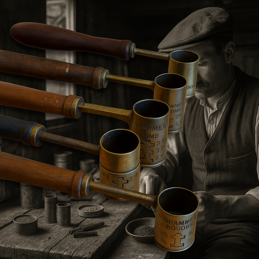 Lotto 5 antichi dosatori per piombo e polvere da sparo