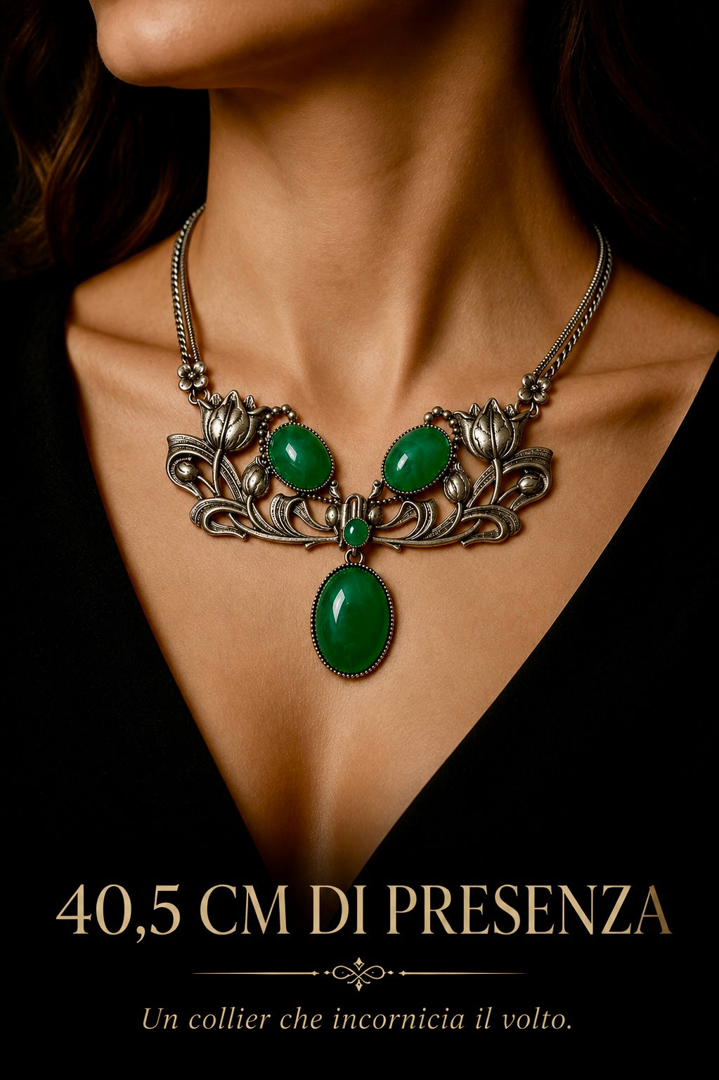 Collier GM liberty reborn argentato con cabochons in pietra verde, made in USA anni ‘50