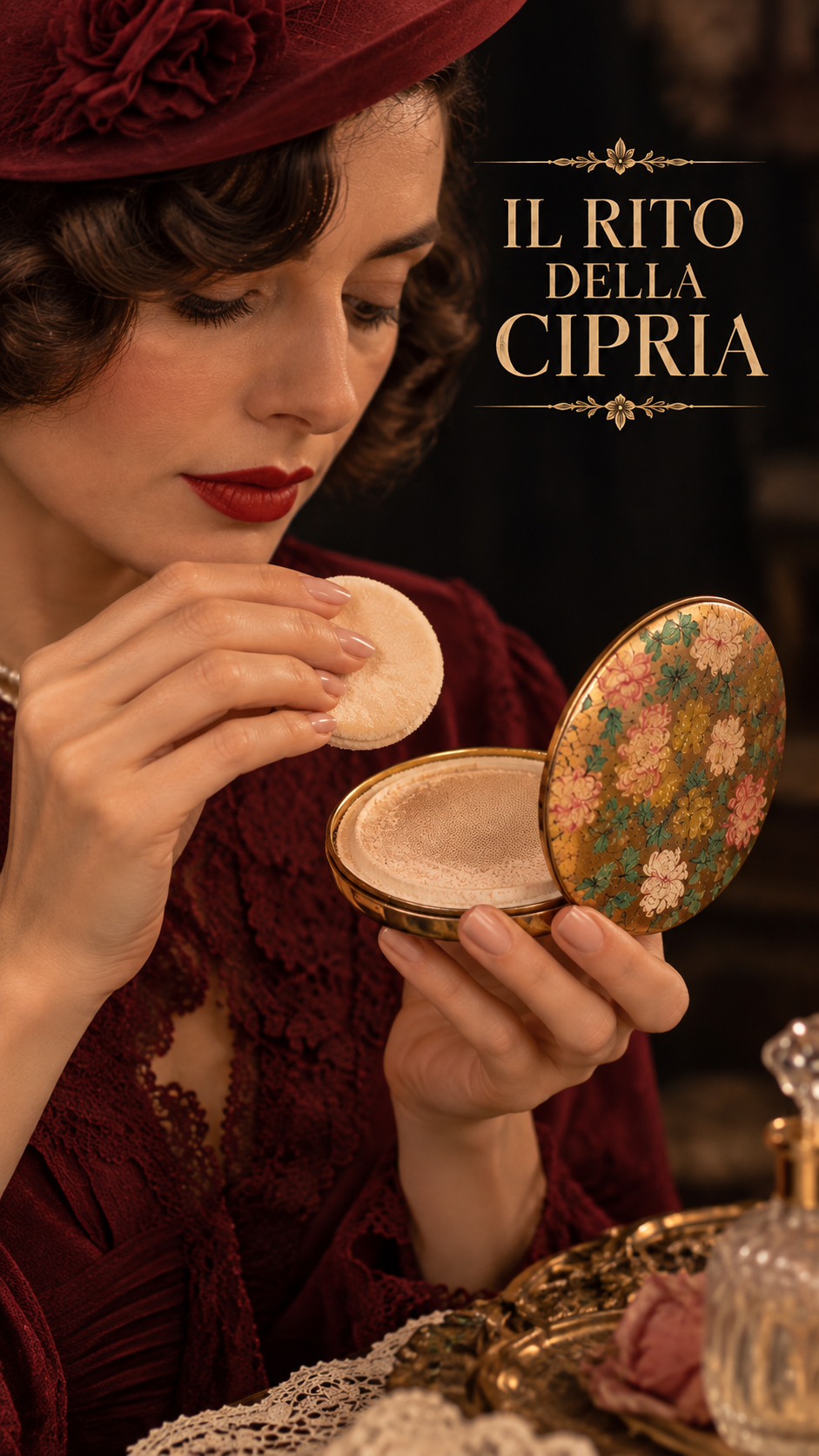 Porta cipria poudrier con specchio anni ‘40 inglese La Rage con splendida decorazione floreale
