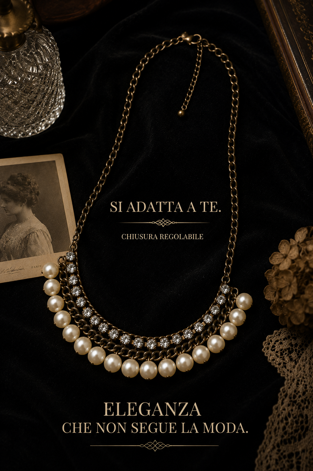 Collana statement con grandi perle e strass, regolabile, anni ‘80