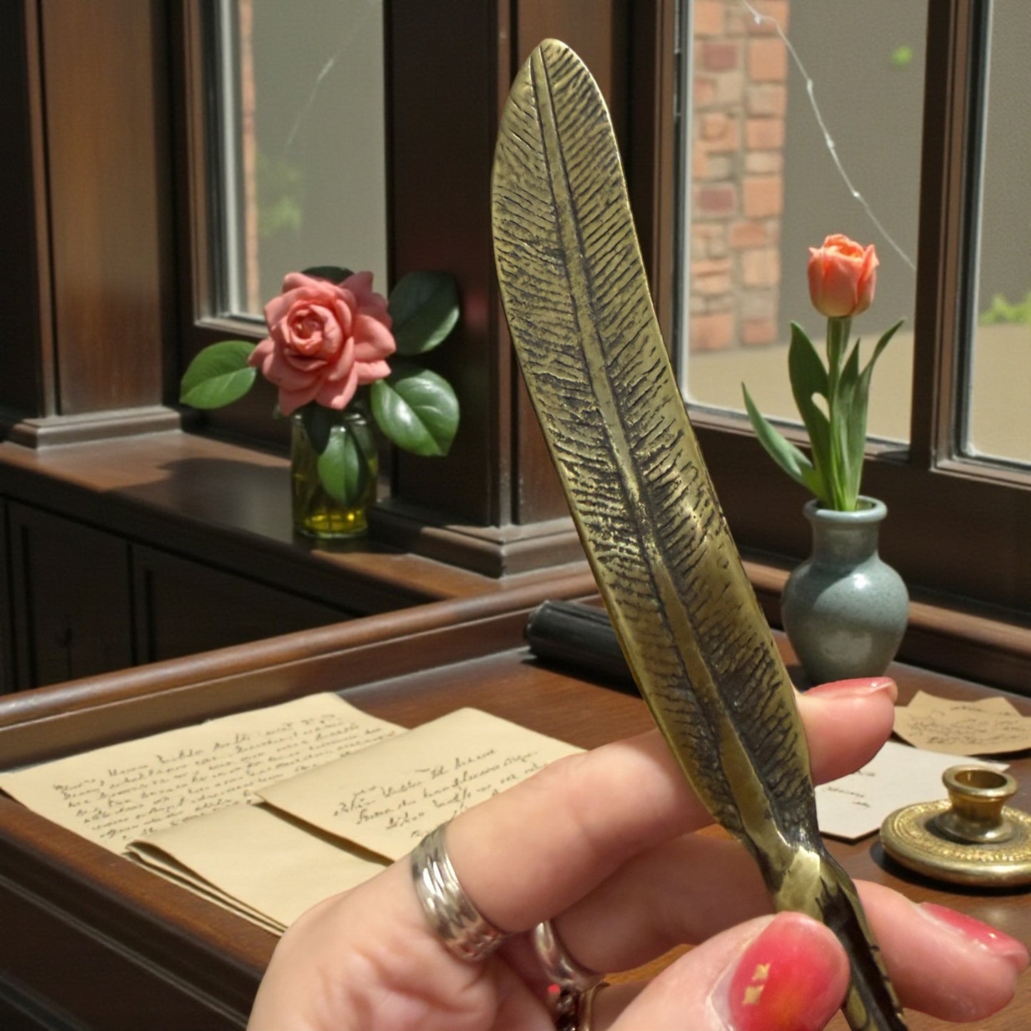 Tagliacarte a guisa di artiglio e piuma, ottone pieno, primo ‘900 spirito wunderkammer