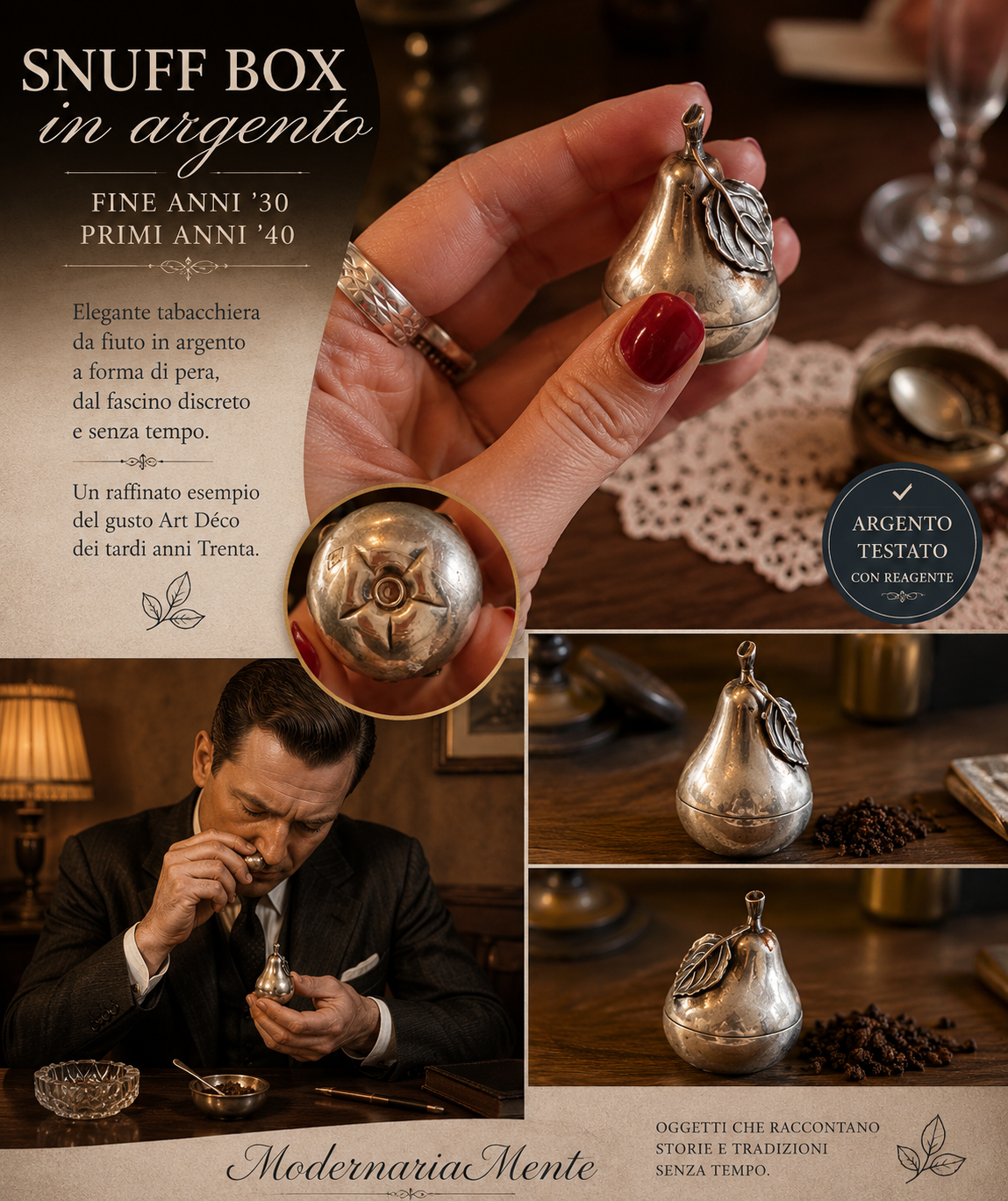 Snuff box in argento ca anni ‘30 fitomorfa a guisa di pera