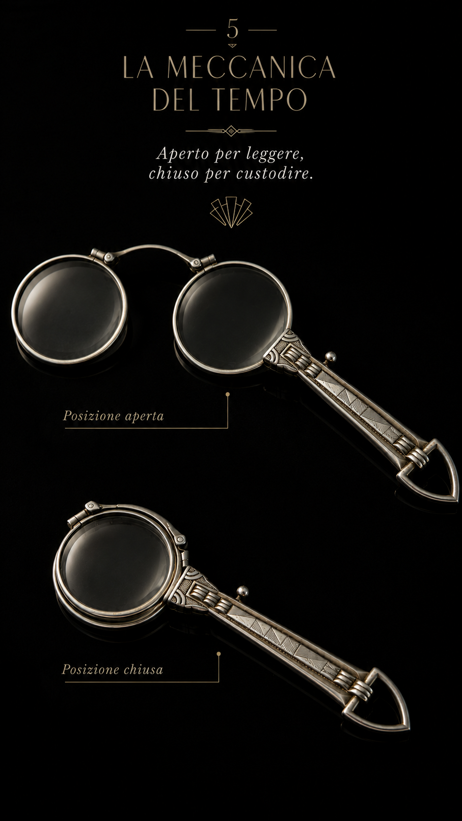 Antichi occhiali da lettura “lorgnette” con prezioso decoro déco e meccanismo di chiusura