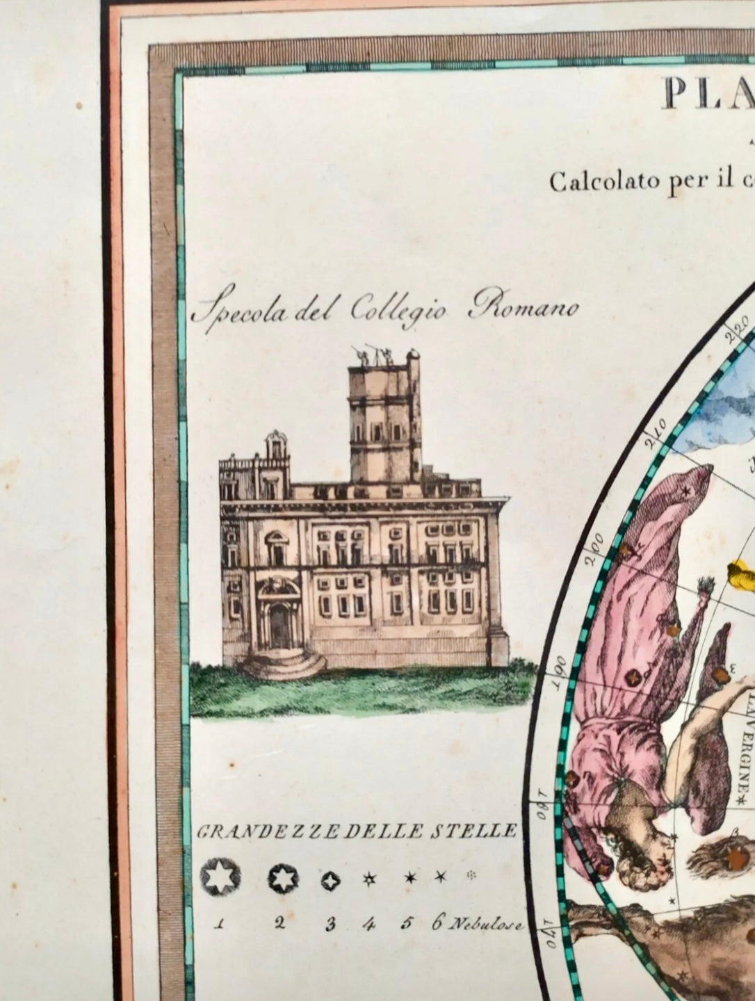 Planisfero celeste Giovanni Maria Cassini, emisfero boreale, tiratura ottocentesca acquerellata a mano