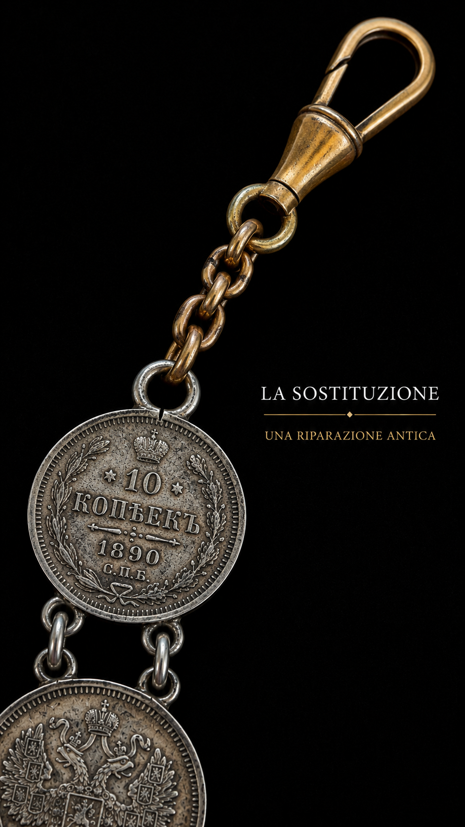 Guard chain o catena da panciotto con monete copechi russi in argento 1886-1891, pezzo unico su commissione