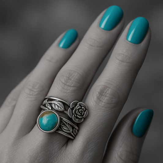 Anello vintage in condizioni nuove, argento 925 e turchese con rosa