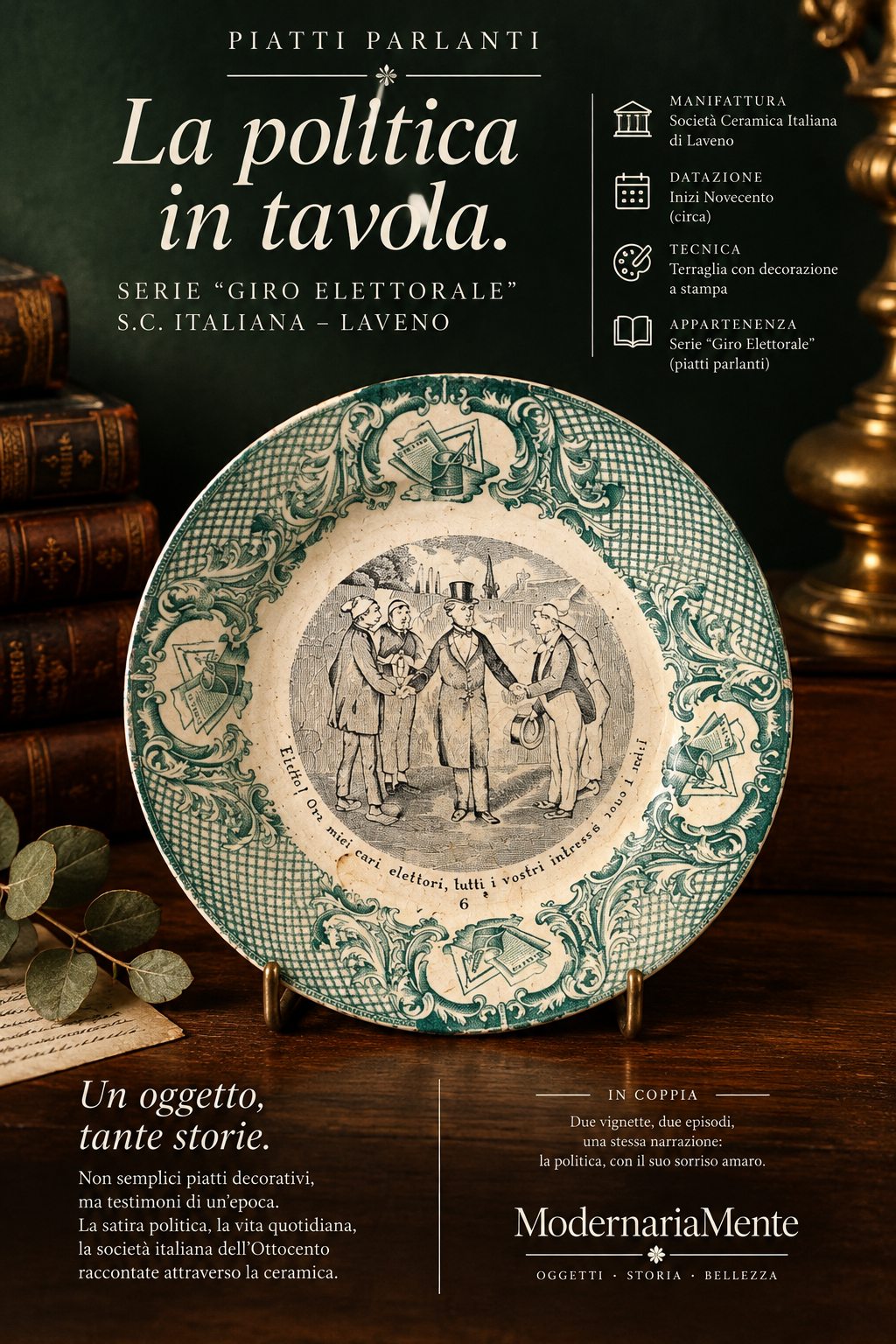 Coppia di antichi piatti “parlanti” satira politica fine ‘800 primo ‘900, S.C.I. laveno terraglia decorata