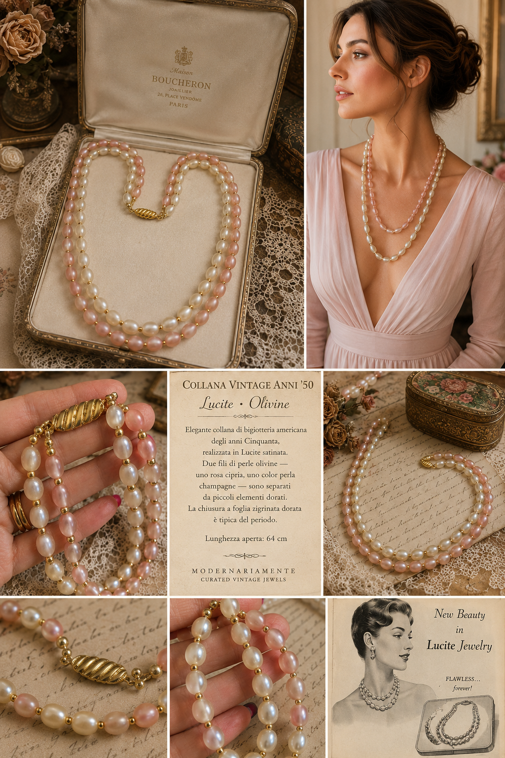 Collana a doppio filo in perle olivine degradé di lucite color perla e cipria, anni ‘50