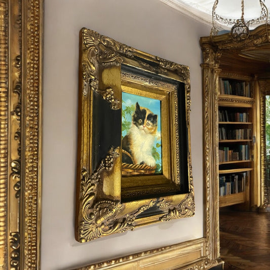 Dipinto ad olio gattino anni ‘40 in cornice tardo ‘800