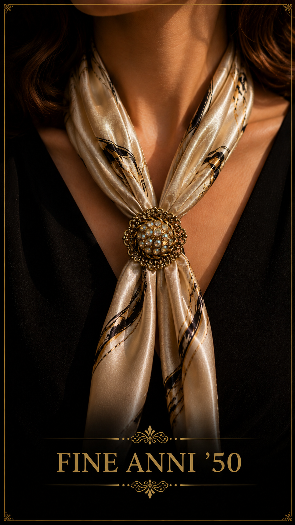 Splendido gioiello clip ferma foulard dorato con cupola tempestata di cristalli Aurora Borealis