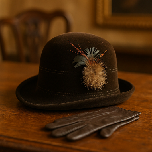 Splendido cappellino vintage in feltro di lana marrone con piuma di gallo cedrone