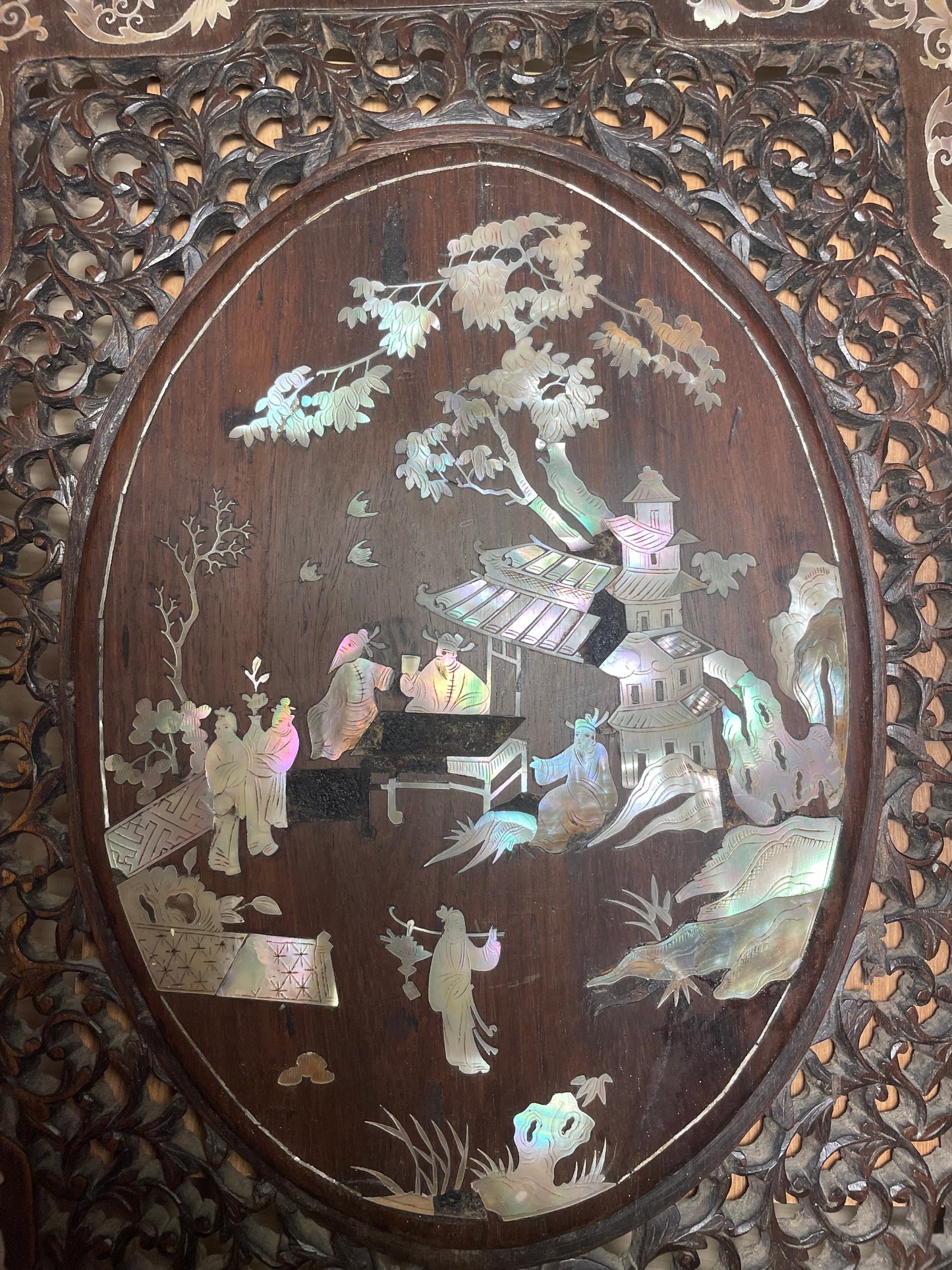 Antico pannello boiserie con intarsi di madreperla e trafori, fine ‘800 tardo Qing