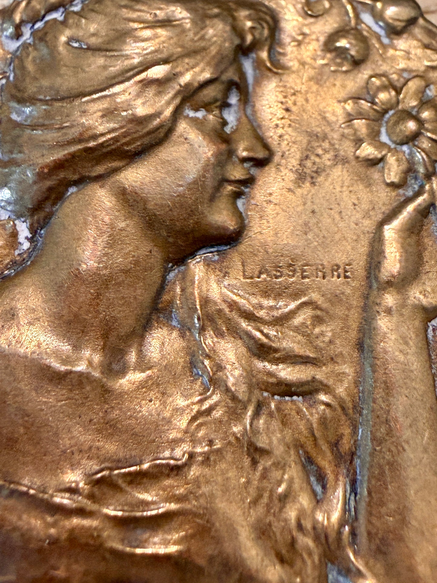 Specchio pendente a scorrimento, da Chatelaine o catena, Art Nouveau firmato Lasserre