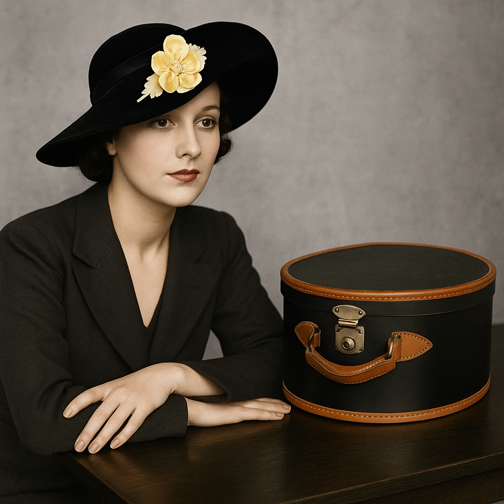 Elegante cappello anni 30 da cerimonia con cappelliera da viaggio originale