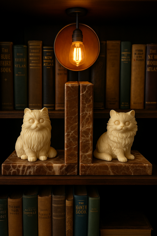 Coppia fermalibri marmo e resina a guisa di Gatti Persiani, anni ‘70