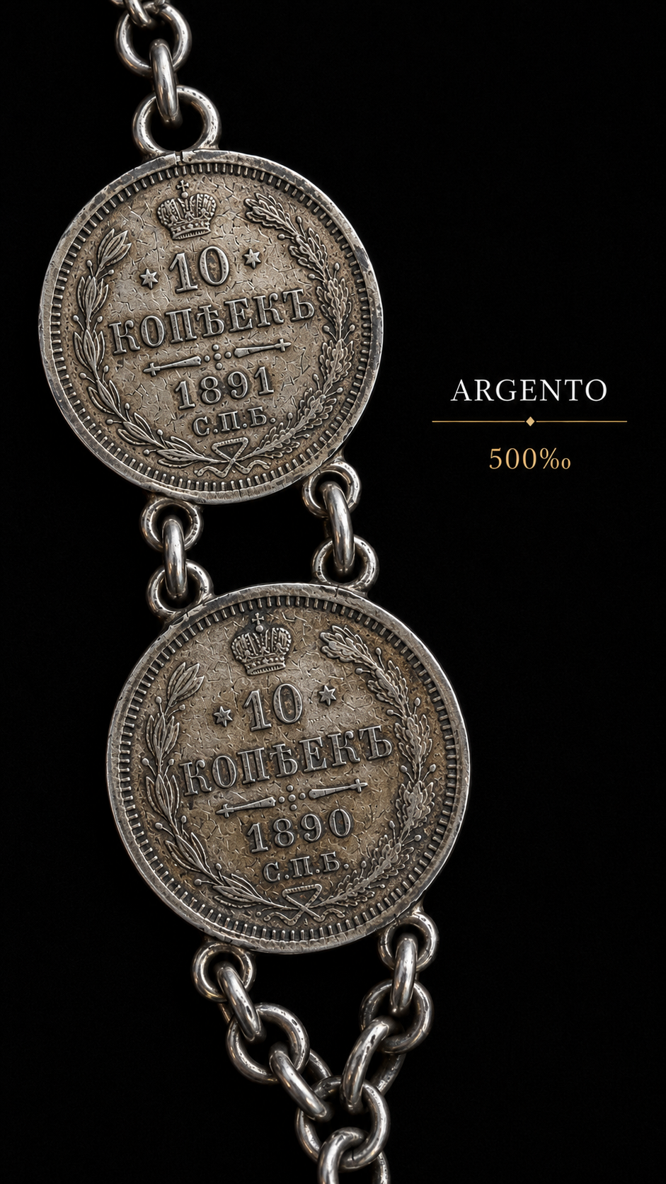 Guard chain o catena da panciotto con monete copechi russi in argento 1886-1891, pezzo unico su commissione