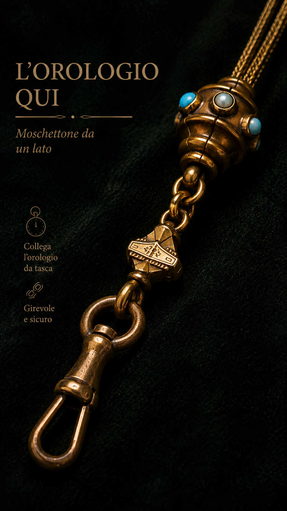 Albert chain da panciotto con moschettone e t-bar provvista di elementi decoratici, placcata oro