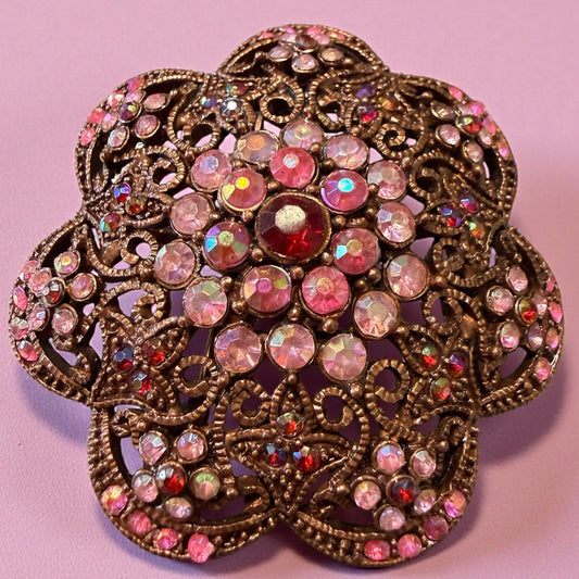 Gioiello doppio: spilla o pendente vintage 70s bigiotteria Americana con strass rosa