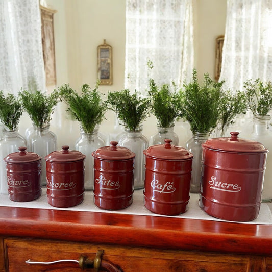 Set barattoli provenzali smaltati Rosso Borgogna anni 40