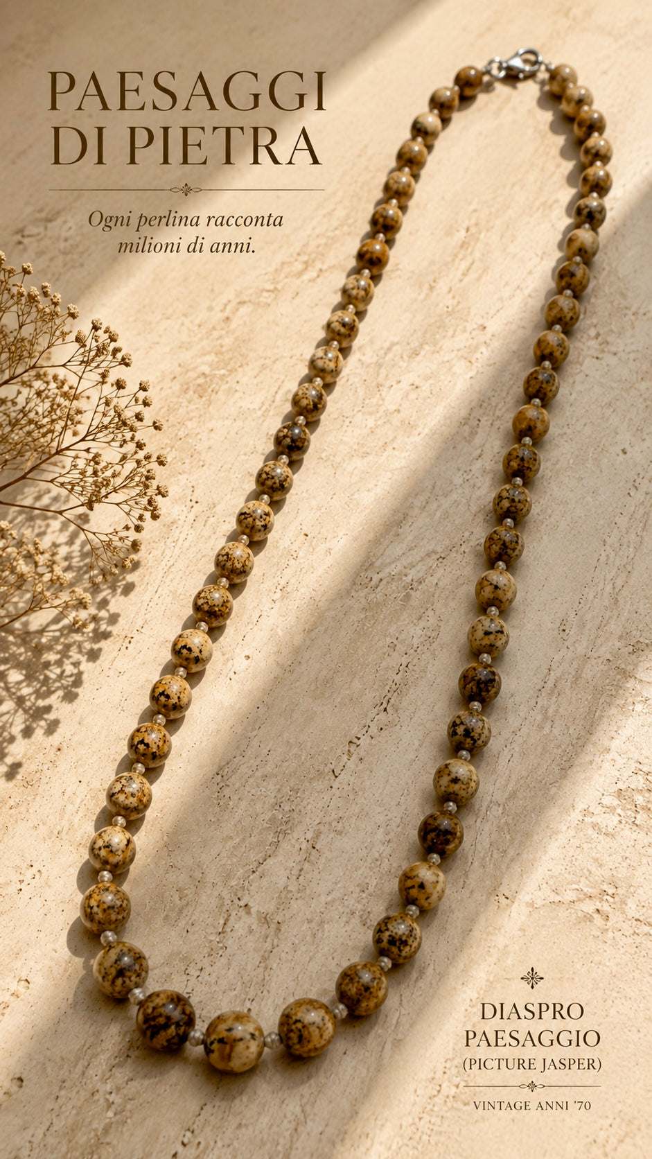 Collana in perle di Diaspro paesaggio / picture jasper con chiusura in argento 925 anni ‘70