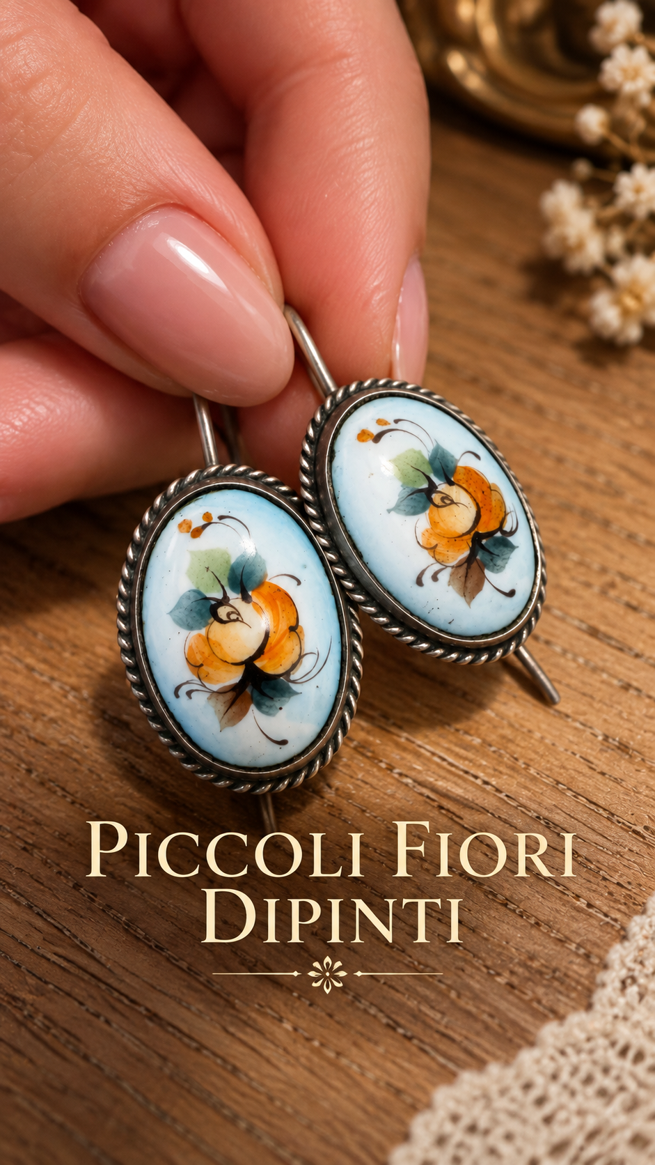 Orecchini vintage con decorazioni floreali su ceramica