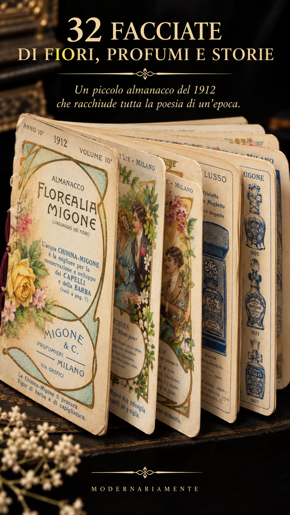 Stupendo ephemera completo 1912 Milano profumeria Migone floriografia Liberty