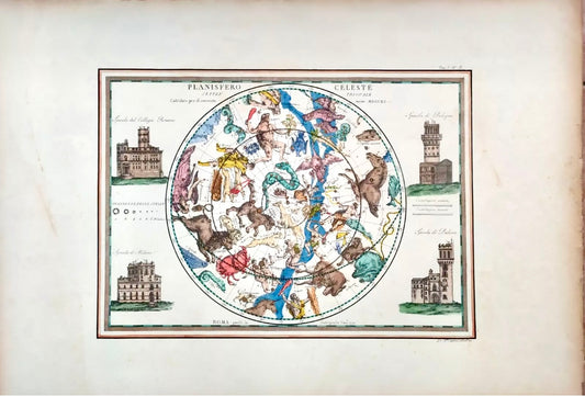 Planisfero celeste Giovanni Maria Cassini, emisfero boreale, tiratura ottocentesca acquerellata a mano