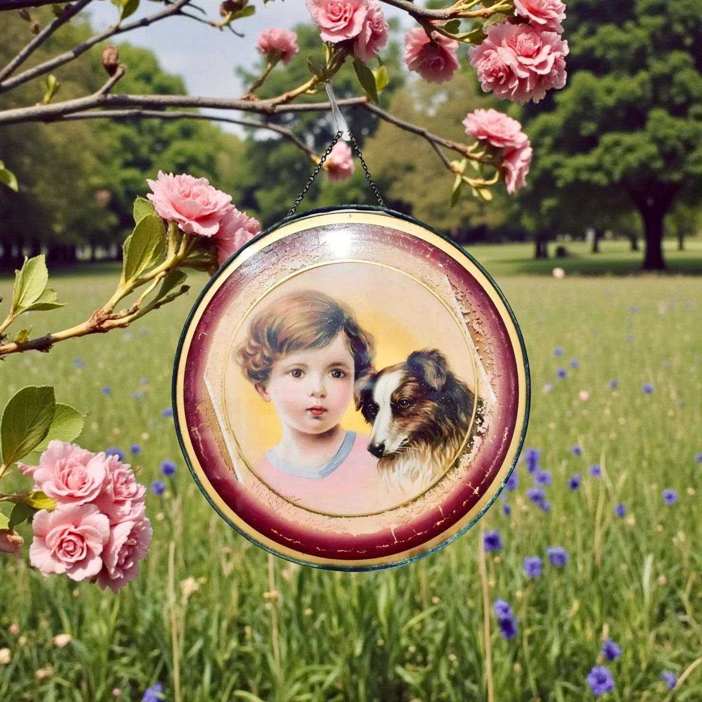 Cromolitografia in cornice con vetro d’epoca, bimba con cane, fine ‘800 - primo ‘900