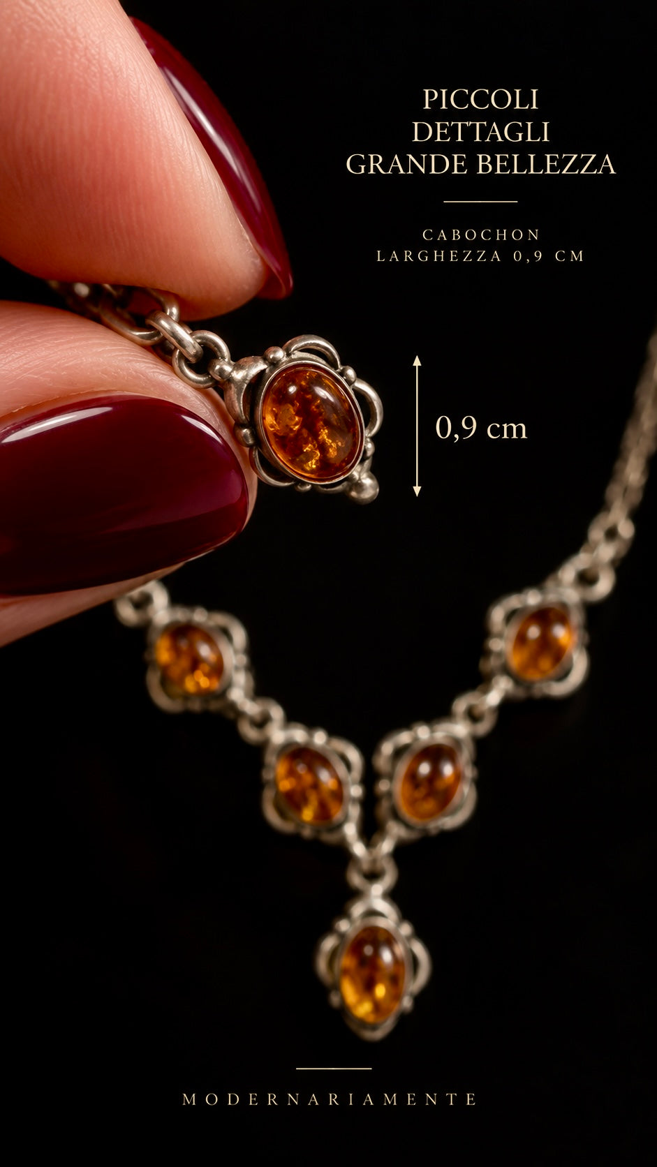 Collana girocollo in argento 925 con n. 5 piccoli cabochons in ambra