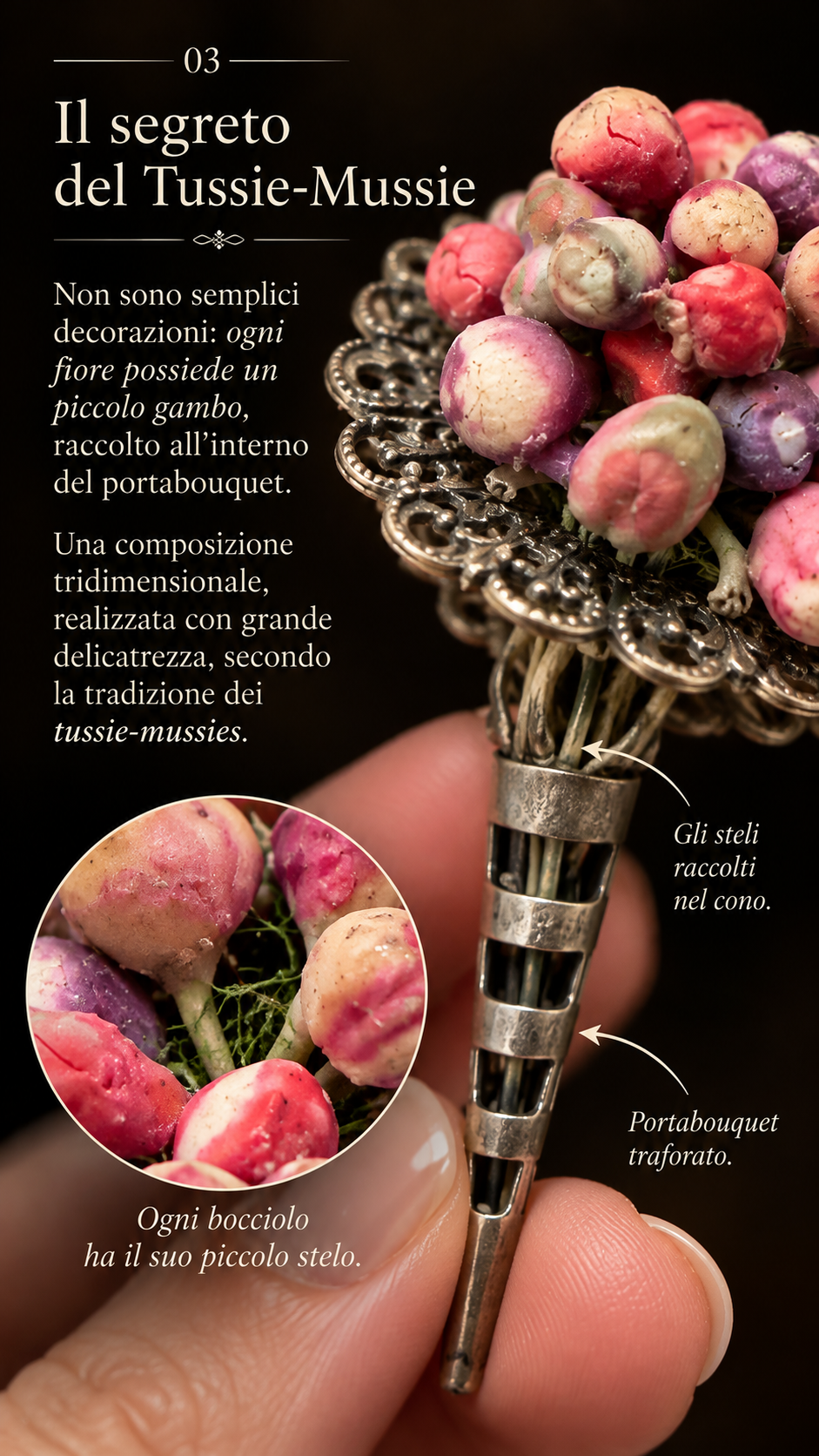 Antica spilla porta bouquet Tussie-Mussie argentata d’epoca