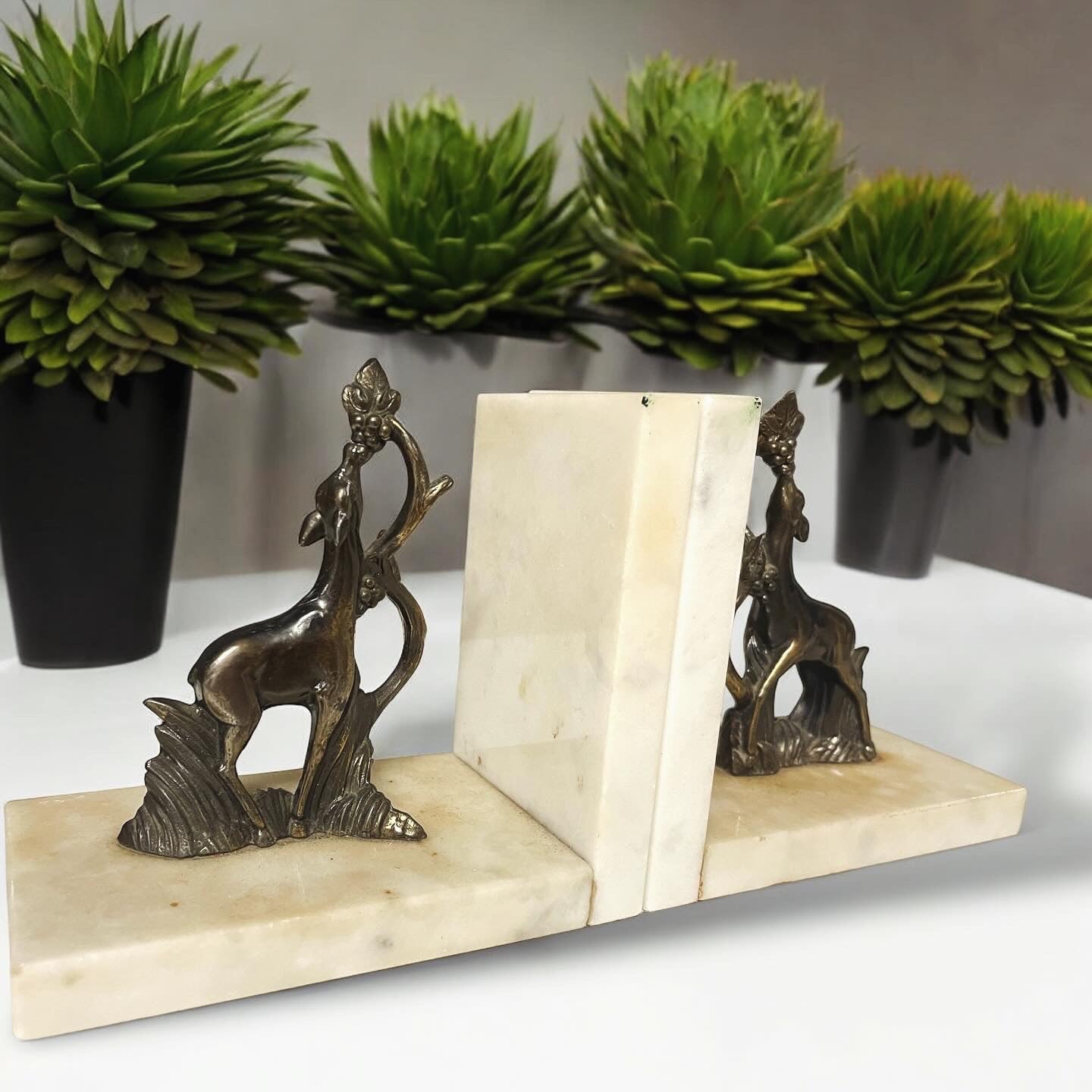 Pair of marble bookends roe deer with grapes