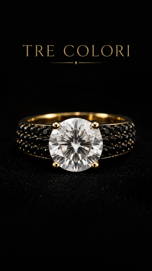 Anello solitario contemporaneo placcato oro a fascia con zirconia cubica e pietre sfaccettate nere