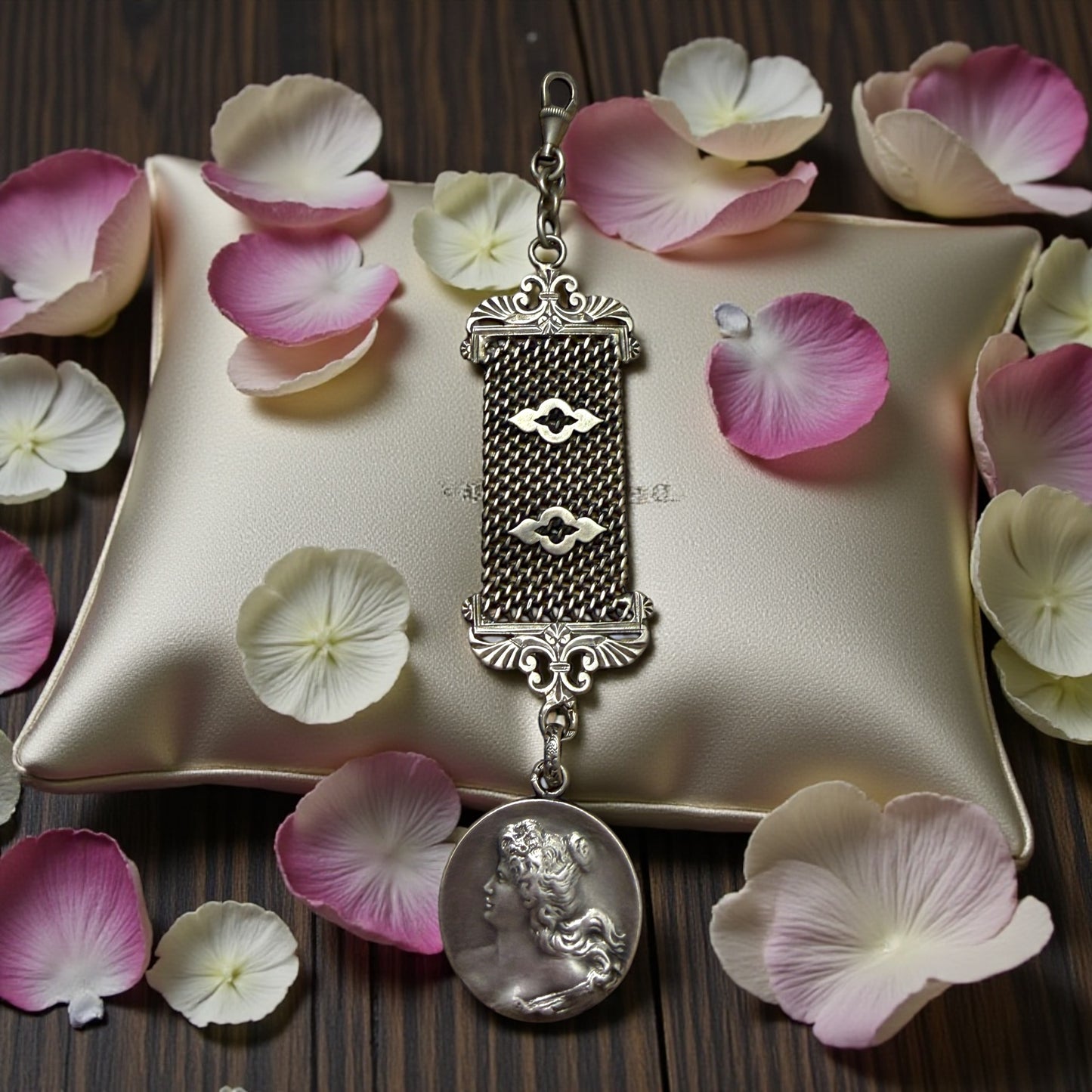 Gioiello catena da panciotto in argento massiccio con medaglia bifacciale Liberty - fine ‘800 primo ‘900