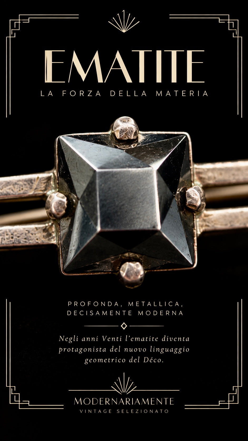 Gioiello art déco spilla in argento punzonato con ematite sfaccettata e marcasiti, anni ‘20-‘30