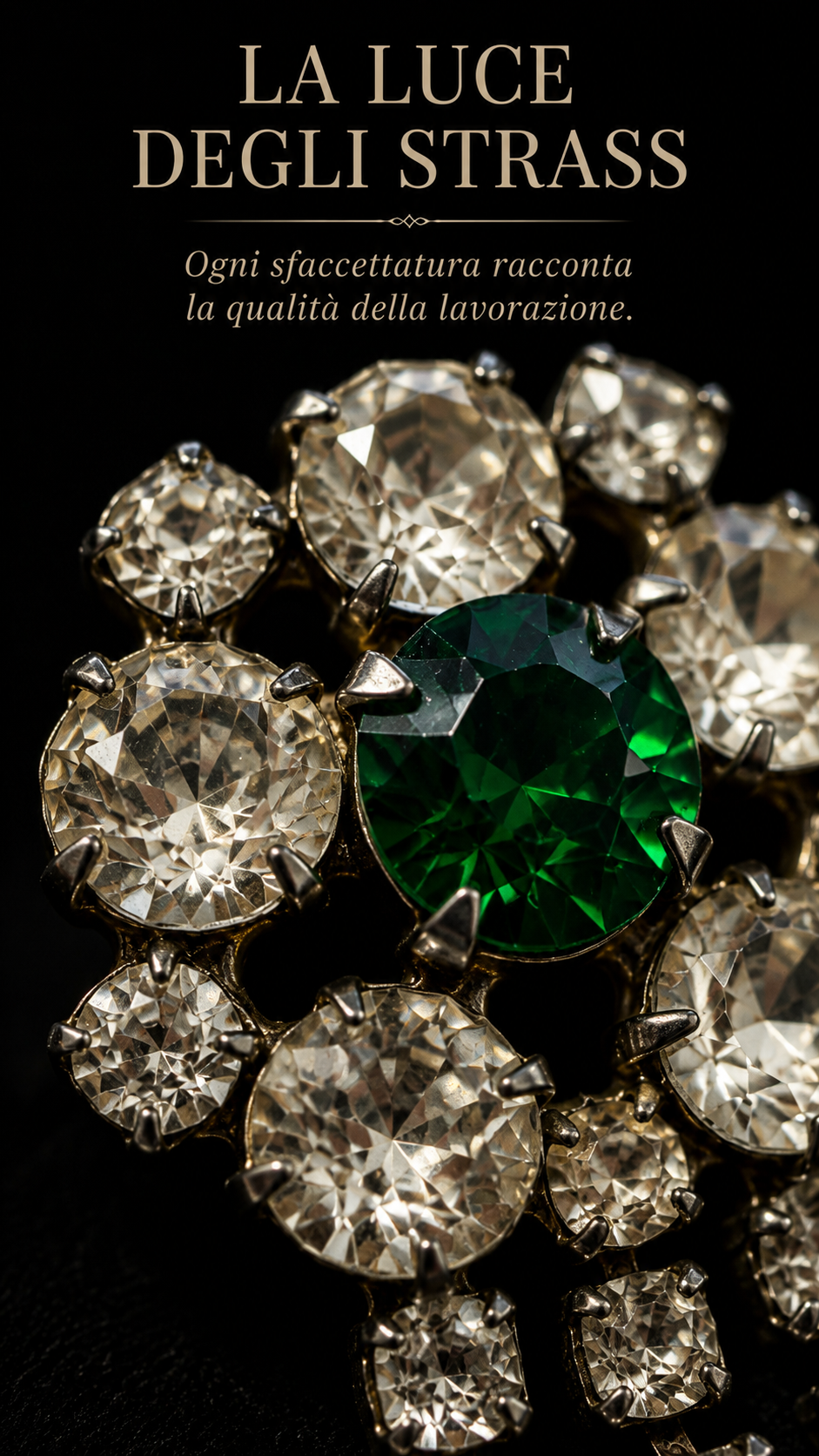 Waterfall brooch anni 40-50 con catenelle di strass in vetro e castone verde centrale