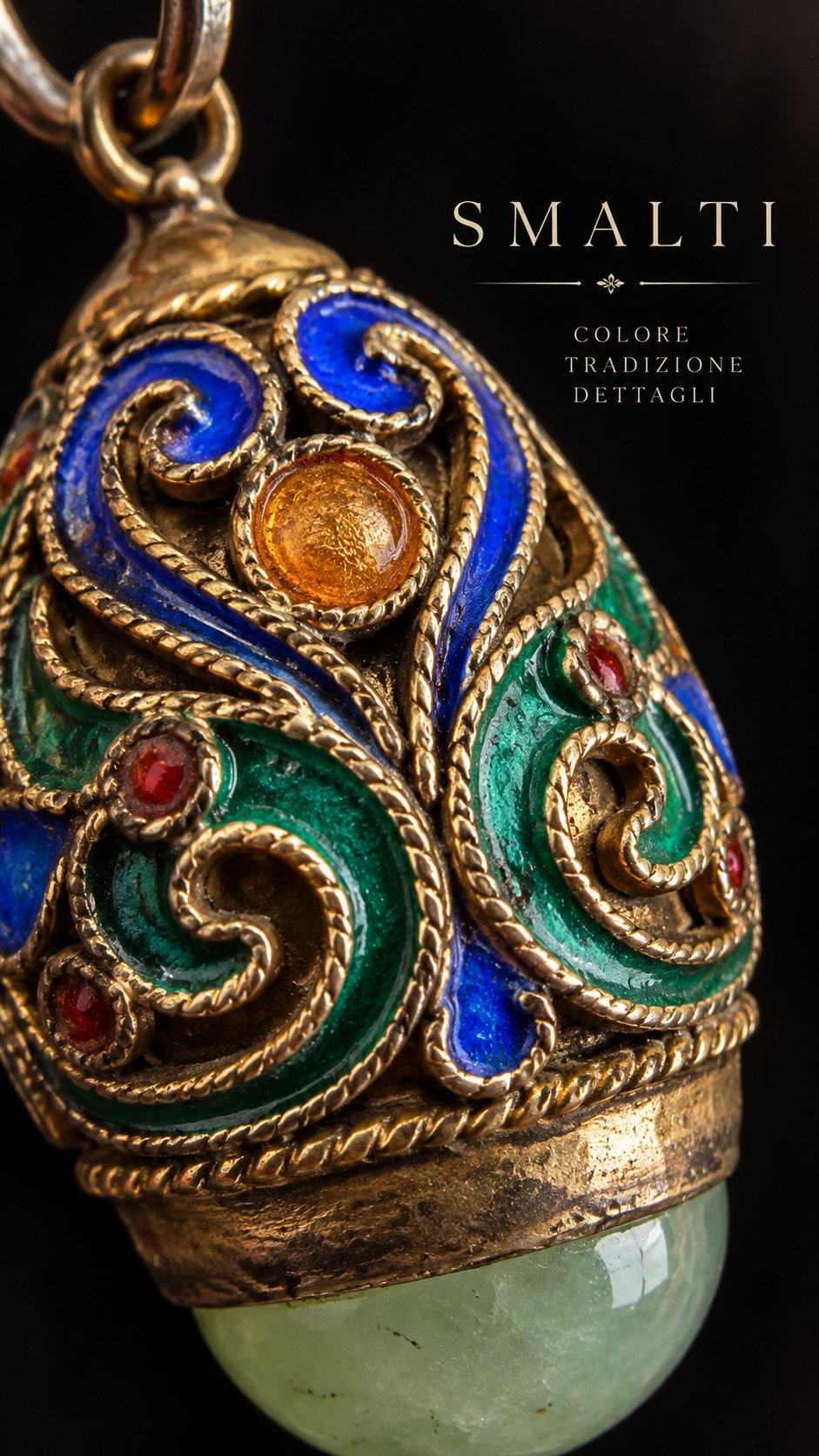 Pendente ciondolo gioiello argento dorato con smalto policromi e giada, stile Uova di Fabergé
