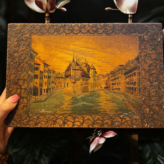 Scatola scrigno porta oggetti e gioie con dipinto Annecy, anni ‘30 ca