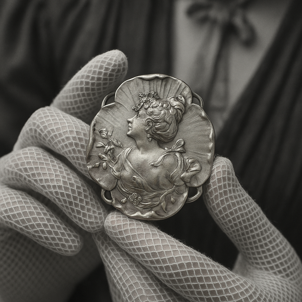 Fibbia Liberty 1900 a guisa di viola del pensiero con donna, adattata a spilla negli anni ‘40