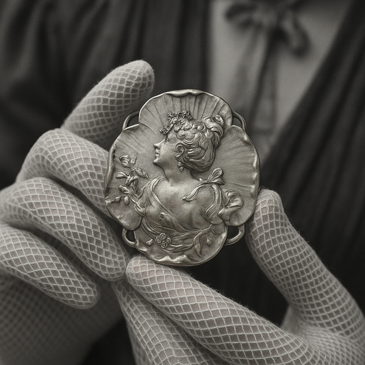 Fibbia Liberty 1900 a guisa di viola del pensiero con donna, adattata a spilla negli anni ‘40