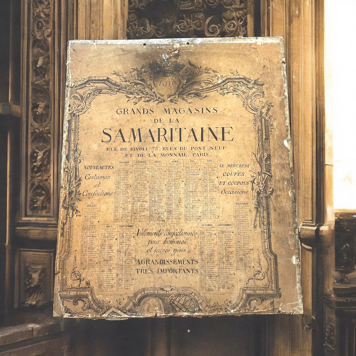 Calendario cartonato 1910 grandi magazzini La Samaritaine Parigi bifacciale