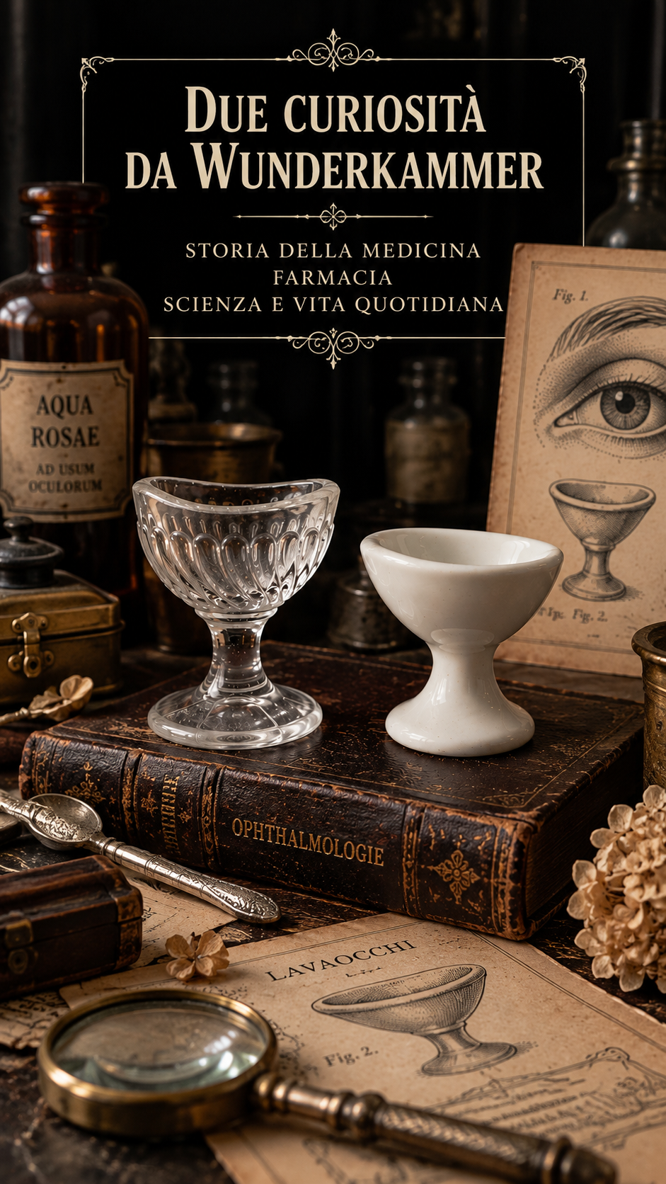 Coppia di Lavaocchi antichi, ceramica e vetro, strumenti medicali d’epoca