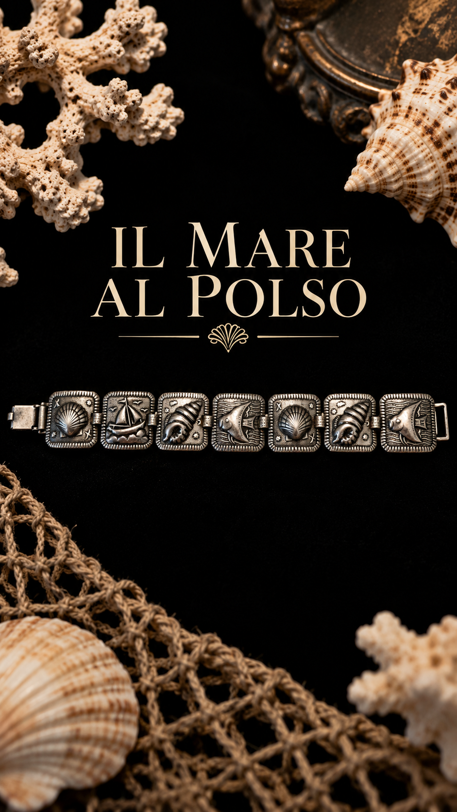 Bracciale placcato argento francese anni ‘60 con decorazioni a tema marino