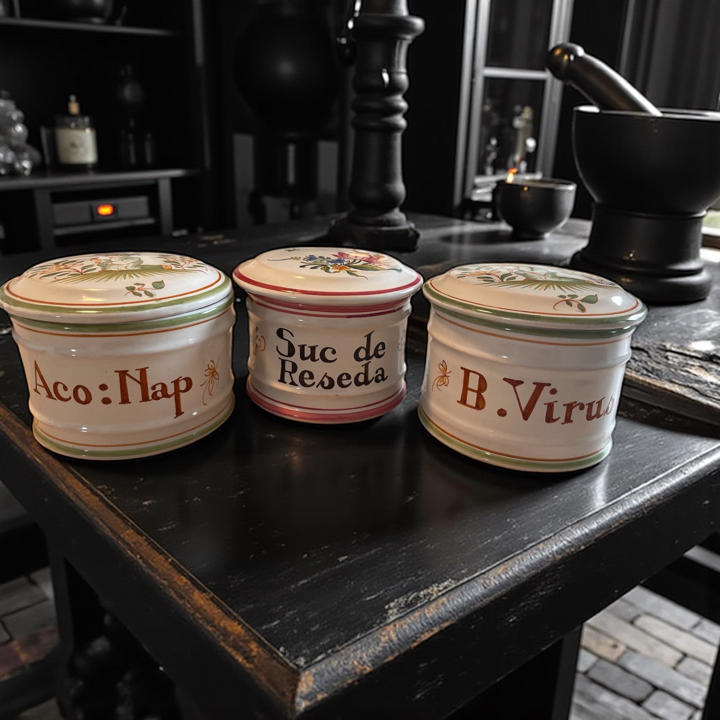 Tris vasi vintage da farmacia con coperchio a battuta dipinti a mano