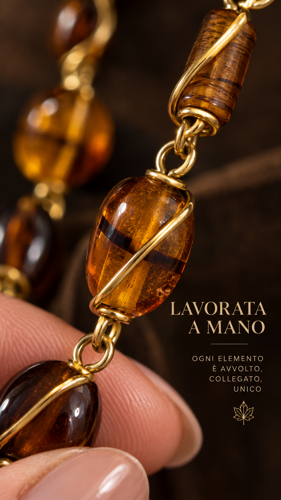 Collana 90 cm palette d’autunno con elementi in vetro ambrato